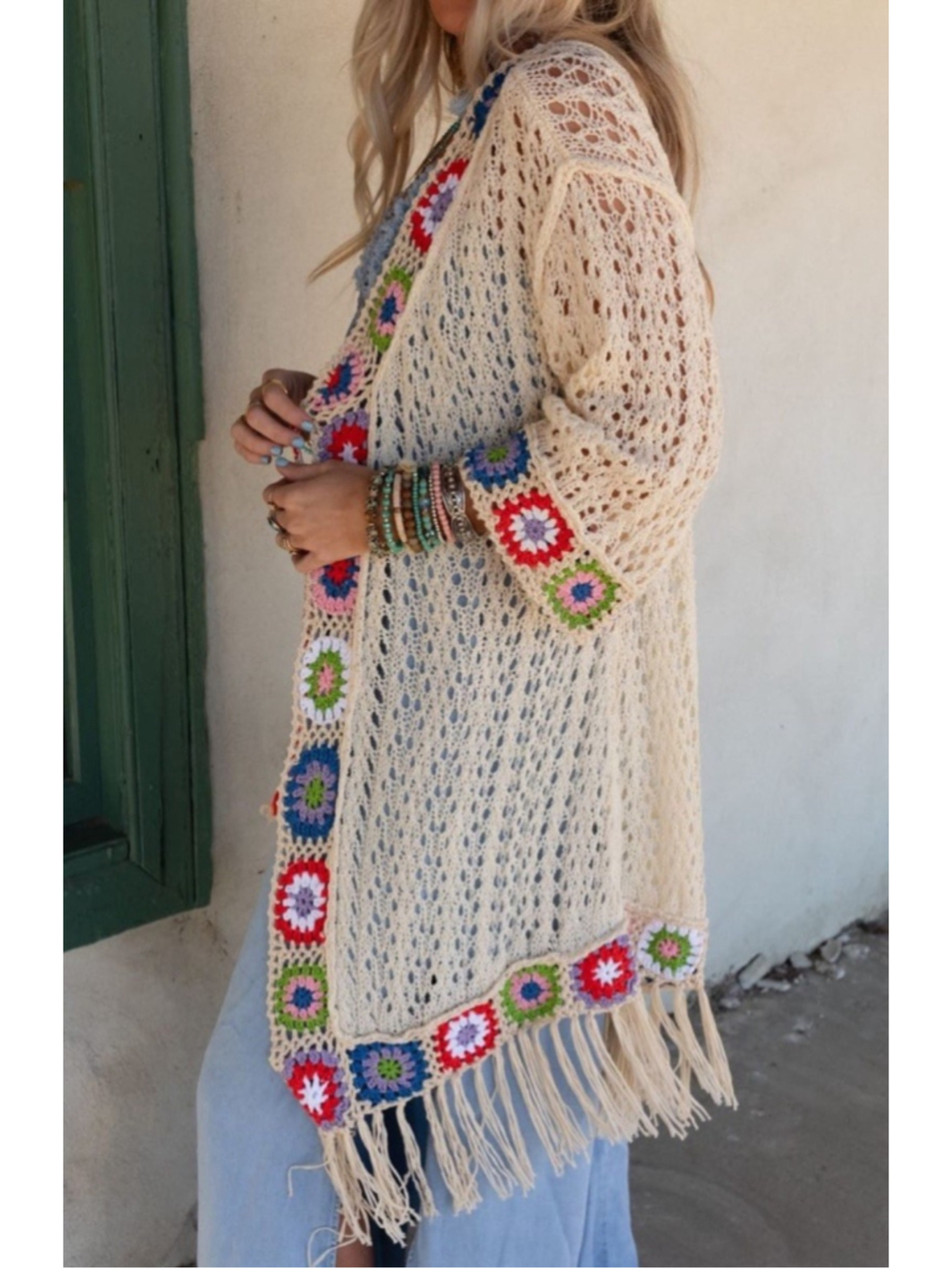 POL Crochet Knit Boho Cardigan Large Cream Granny Square Fringe Duster Sweater - Picture 4 of 10